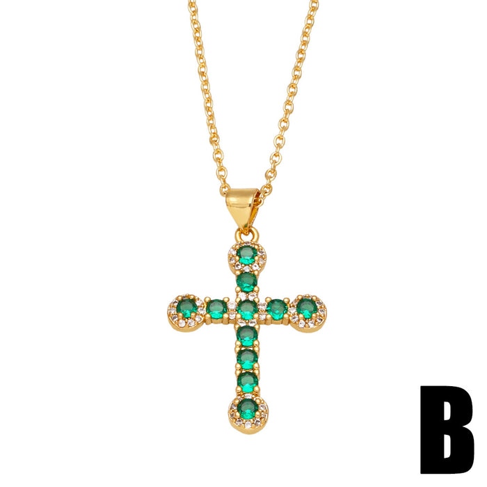 Wholesale Necklace Copper Plated 18K Gold Zircon Emerald Cross JDC-PREMAS-NE-016