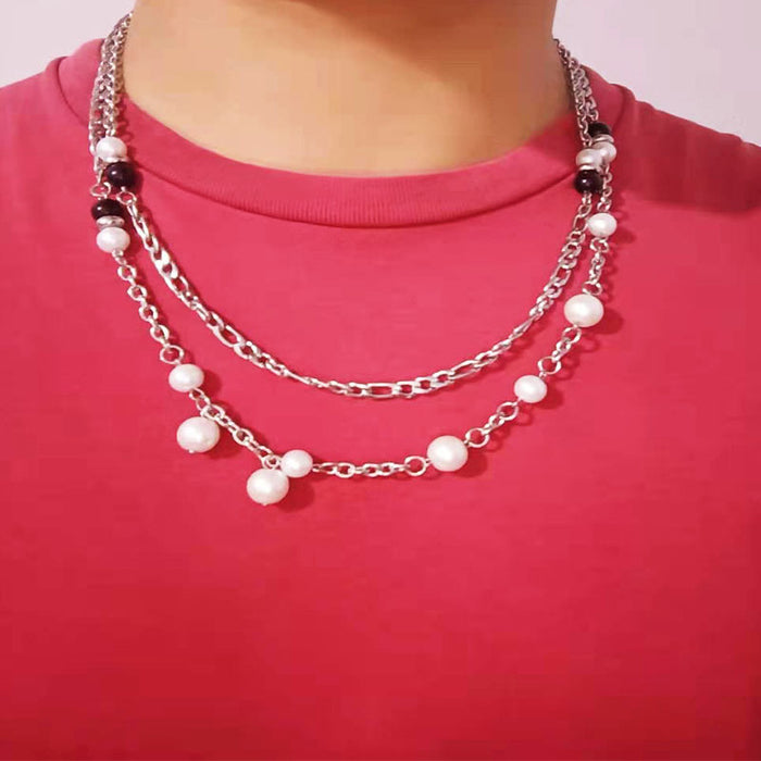 Wholesale Necklace Titanium Steel Vintage Double Layer Wear Natural Pearl Stitching JDC-NE-HONGHUI002