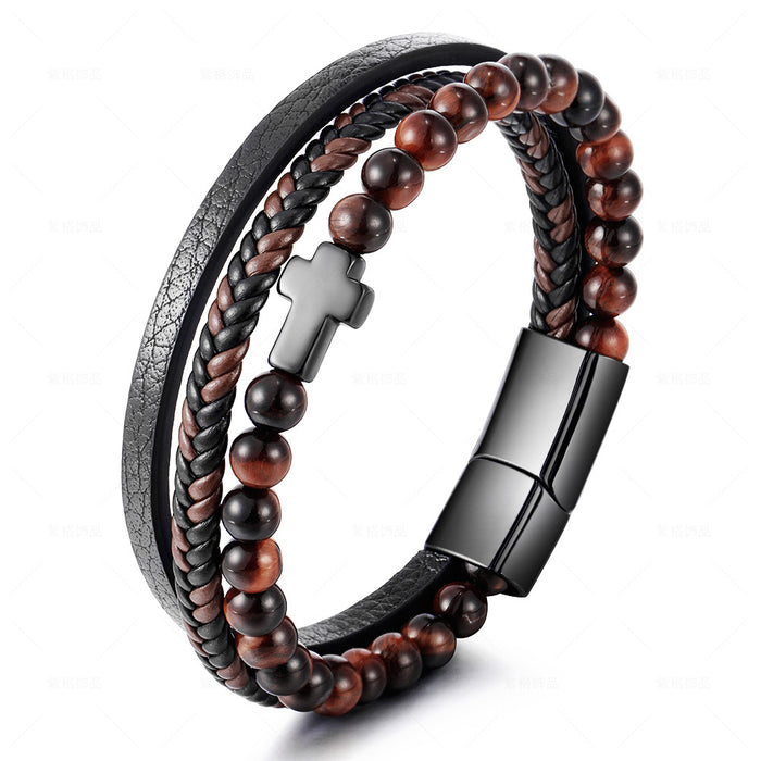 Wholesale Stainless Steel Natural Tiger Eye Agate Stone Cross Mens Leather Bracelet JDC-BT-ZiGe002