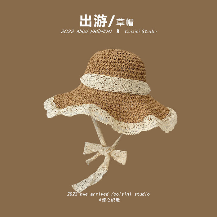 Wholesale Pearl Flower Lace Big Brim Straw Hat MOQ≥2 JDC-FH-LXi001