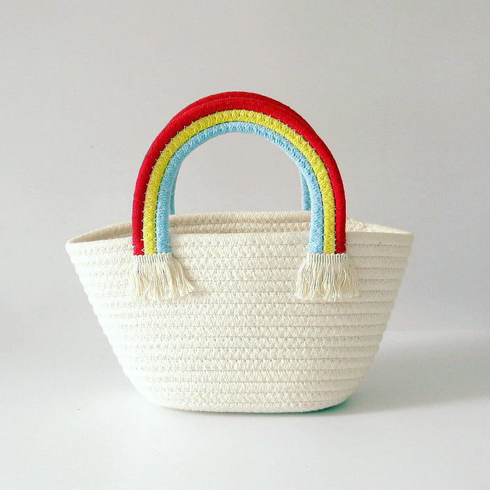 Wholesale rainbow handle woven bag cotton rope woven bag casual handbag JDC-HB-DeR001