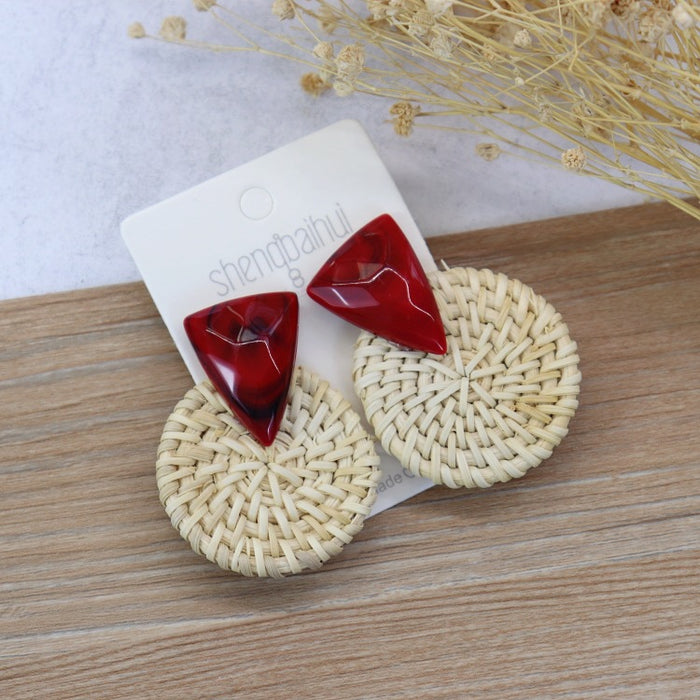 Wholesale Handmade Rattan Woven Stud Earrings Bohemian Beach Vacation Style JDC-ES-Luox004