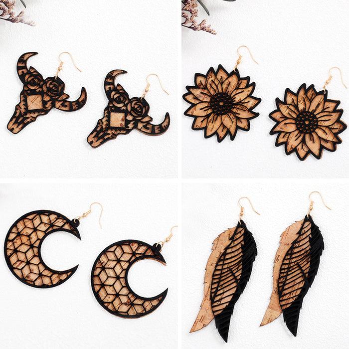 Wholesale Earrings Cork Leather Western Bull Head Sunflower Leaves Butterfly Wings 2 Pairs JDC-ES-HeYi092