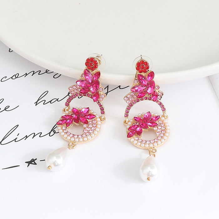 Wholesale Earrings Alloy Pink Diamond Floral Pearls JDC-ES-JJ364