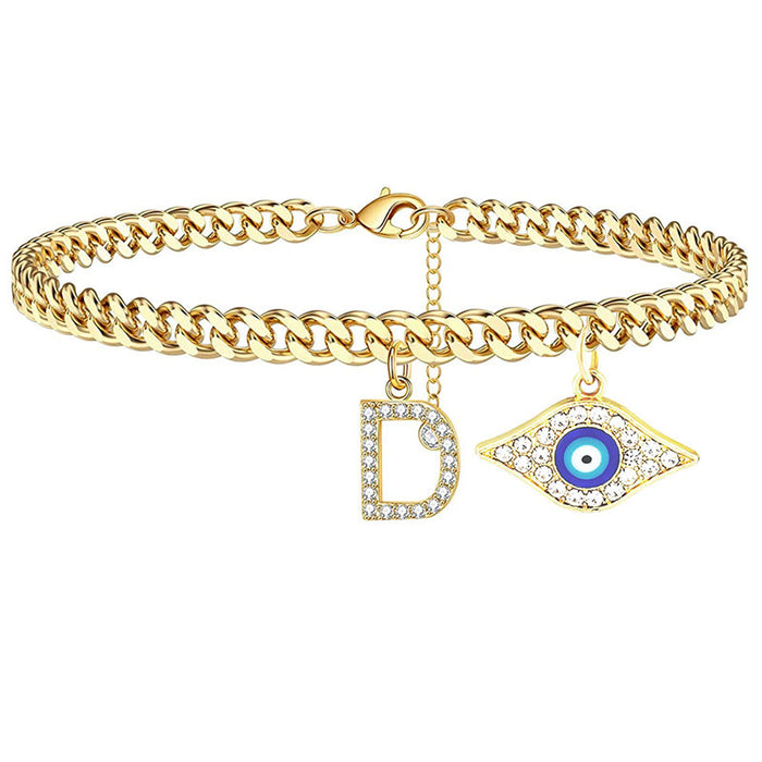 Wholesale 26 English Alphabet Devil's Eye Pendant Cuban Chain Alphabet Anklet JDC-AS-JinM001