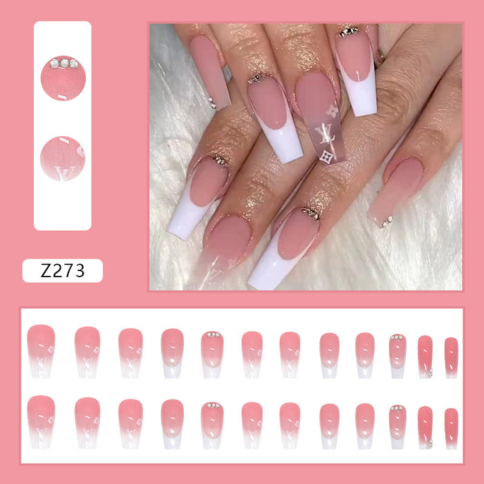 Wholesale manicure patch long pink transparent white edge new flower drill detachable JDC-NS-QiH006