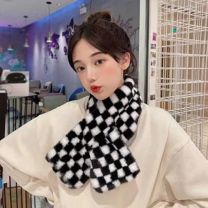 Wholesale Black and White Check Plush Scarf JDC-SF-Zibao001