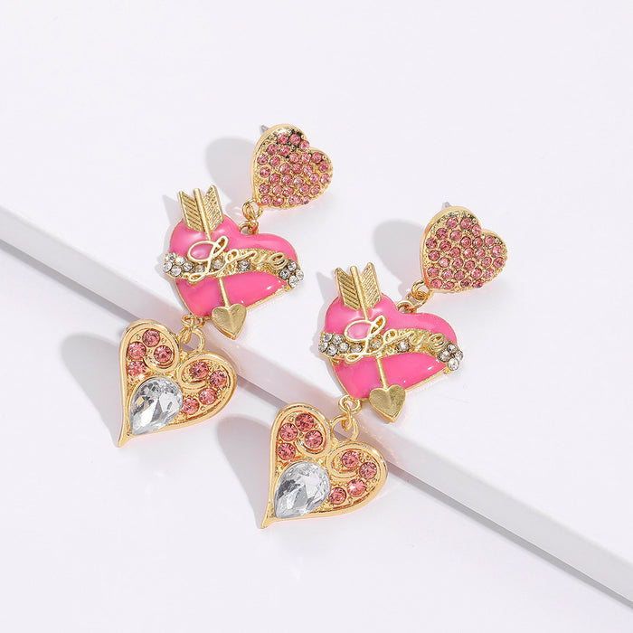 Wholesale Earrings Alloy Enamel Diamonds Pink Heart MOQ≥2 JDC-ES-JUYAO003