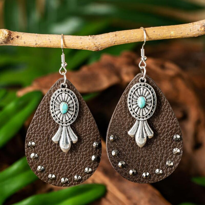 Wholesale Earrings Alloy Leather Turquoise Feather Earrings JDC-ES-Saip063