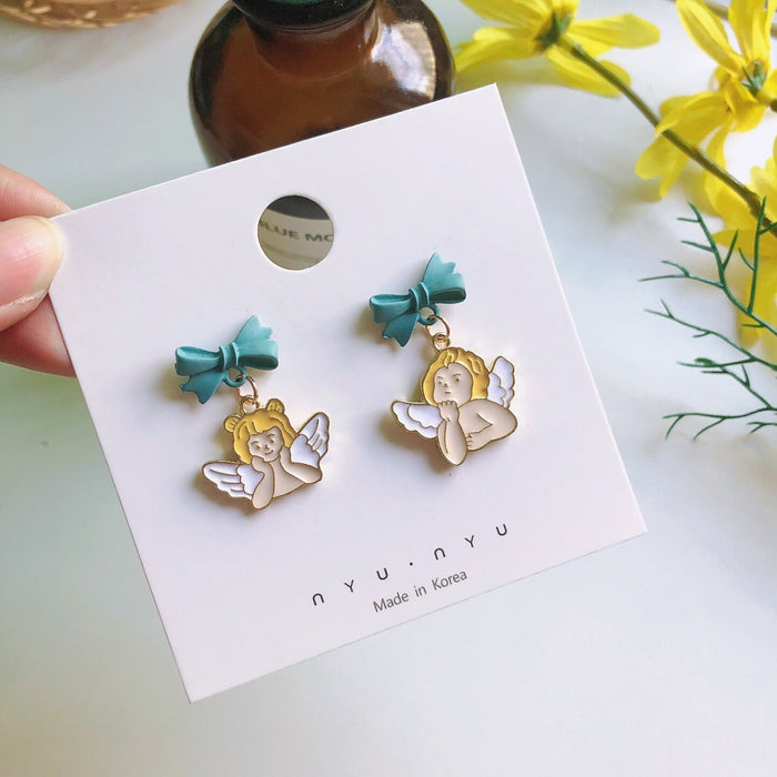 Wholesale Earrings Alloy Blue Bow Knot Asymmetric Angel JDC-ES-MoN010