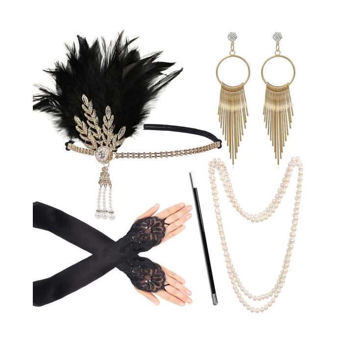 Wholesale Clothes Gatsby Party Feather Headband Pearl Necklace Set MOQ≥10 JDC-CTS-LangDao002