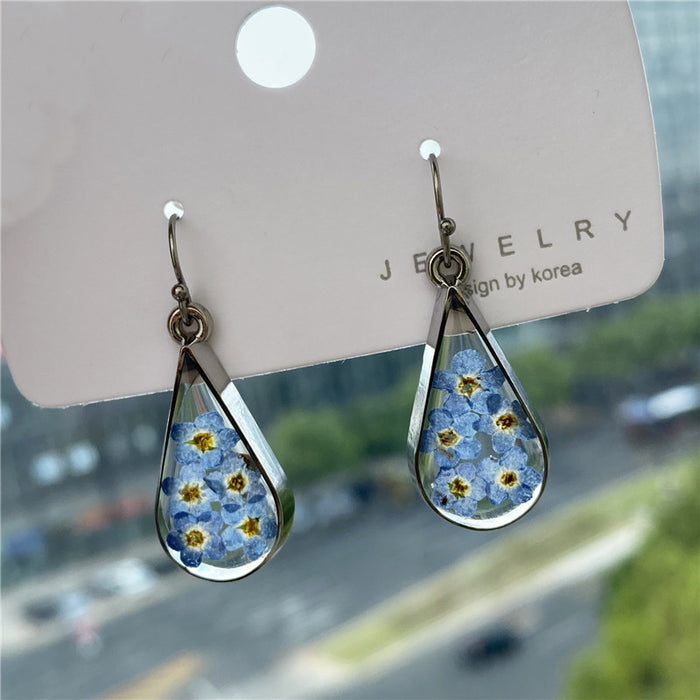 Wholesale teardrop shaped dried flower earrings blue forget me not JDC-ES-byi003