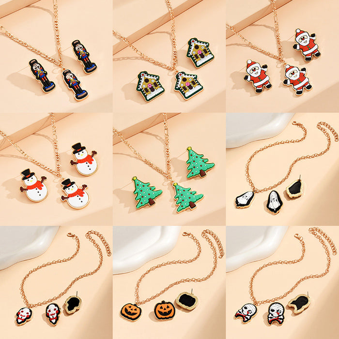 Wholesale Necklace Alloy Halloween Skull Pumpkin Snowman Stud Earrings Set JDC-NE-YYB001