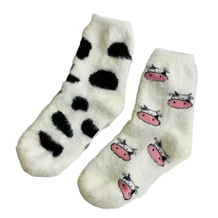 Wholesale Fuzzy Socks Nylon Mid-Cylinder Sweat Absorbing Velvet Cute Cows Spots MOQ≥2 JDC-SK-DuoDa001