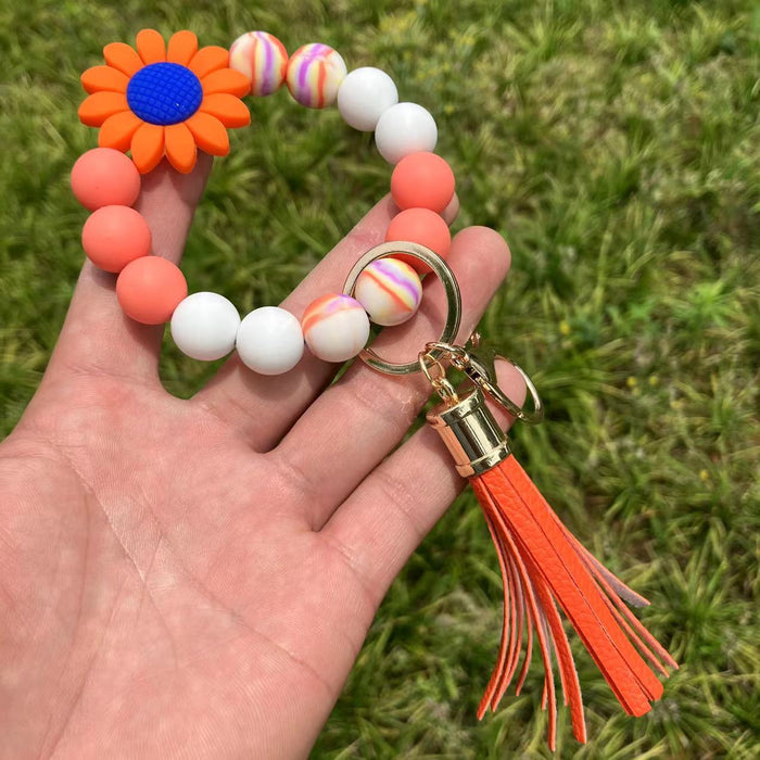 Wholesale Daisy Sunflower Baseball Silicone Beaded Wristlet Keychain MOQ≥2 JDC-KC-QXue006