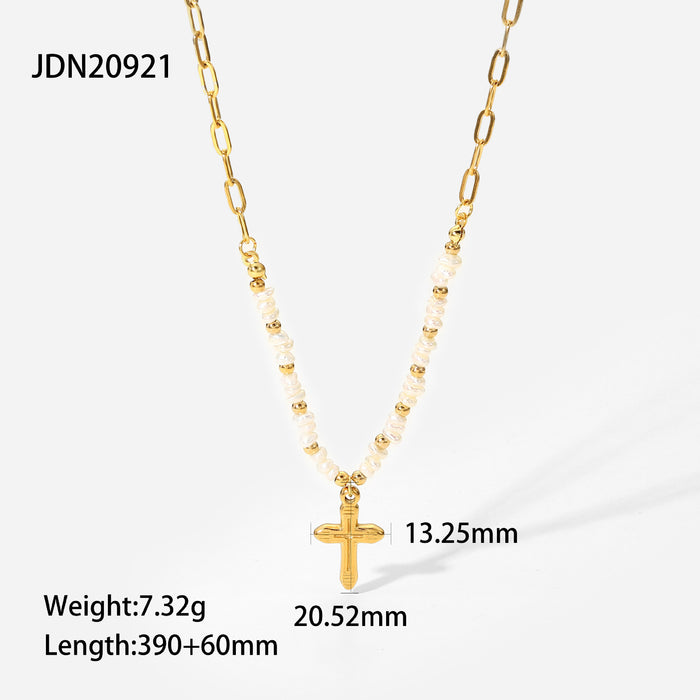 Jewelry WholesaleWholesale 18K Gold Cross Pendant Freshwater Rice Bead Stainless Steel Necklace JDC-NE-JD391 necklaces 杰鼎 %variant_option1% %variant_option2% %variant_option3%  Factory Price JoyasDeChina Joyas De China