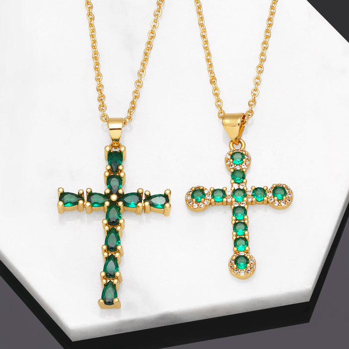 Wholesale Necklace Copper Plated 18K Gold Zircon Emerald Cross JDC-PREMAS-NE-016