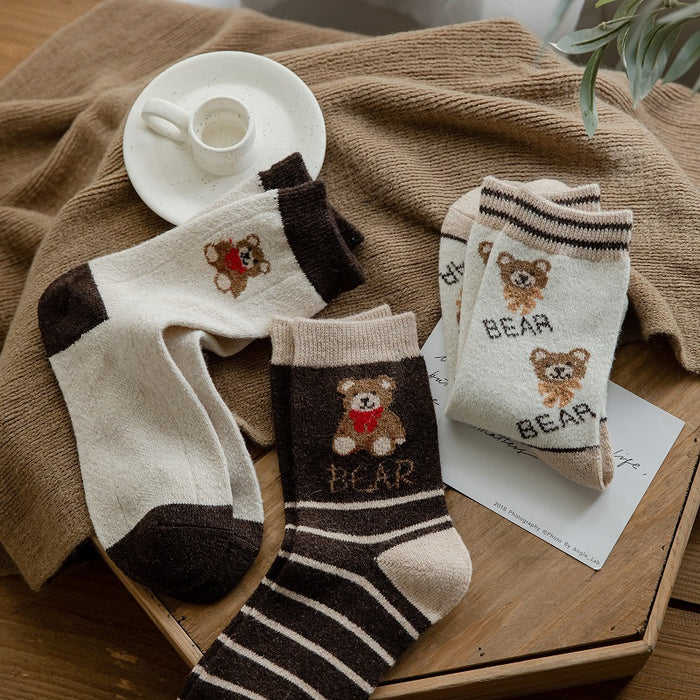 Wholesale Socks Wool Medium Tube Warm Thick Cartoon Striped Bear JDC-SK-ChangShen003