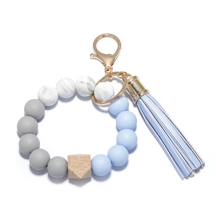 Wholesale Silicone Beaded PU Leather Tassel Wristlet Keychain JDC-KC-ZiGe001