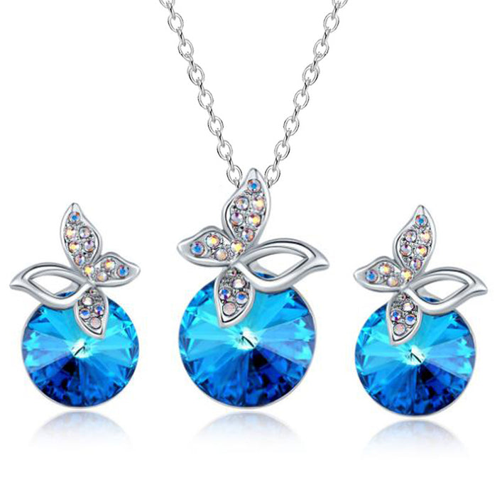 Wholesale temperament blue crystal necklace blue butterfly earrings jewelry set JDC-NE-XunO054