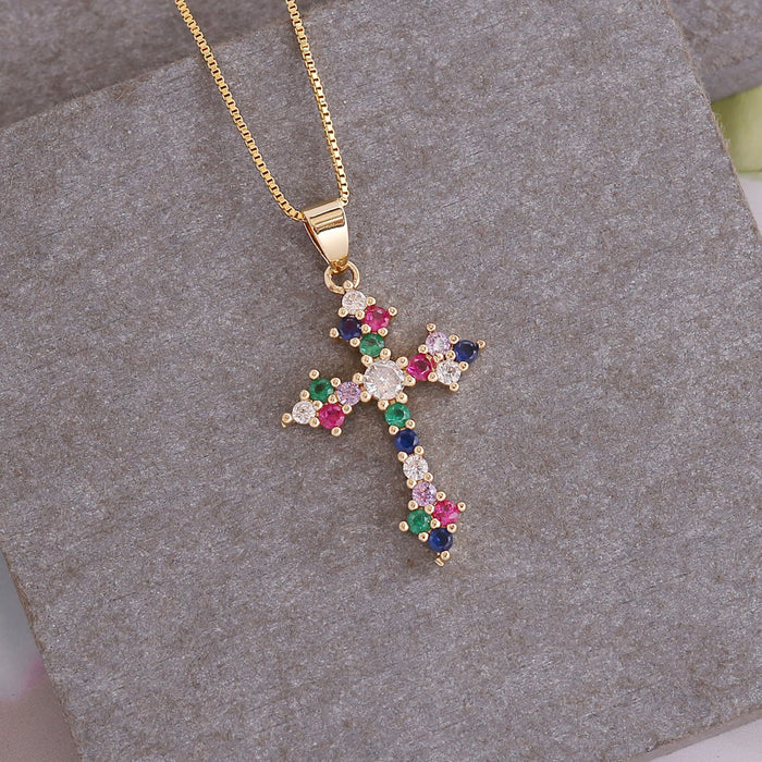 Wholesale Copper Micro Inlaid Zircon Cross Pendant Personality 18K Gold Necklace JDC-NE-Bingm021