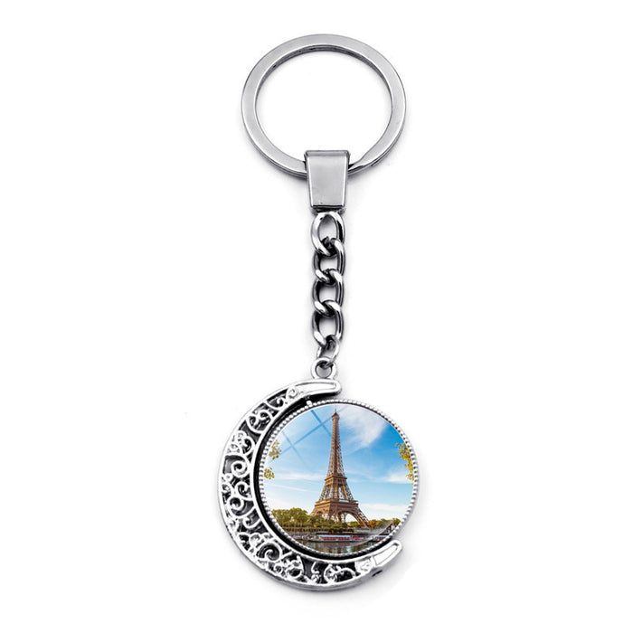 Wholesale Keychain Alloy Time Gemstone Eiffel Tower Double Sided Rotating Pendant Ornament JDC-KC-JiaY012