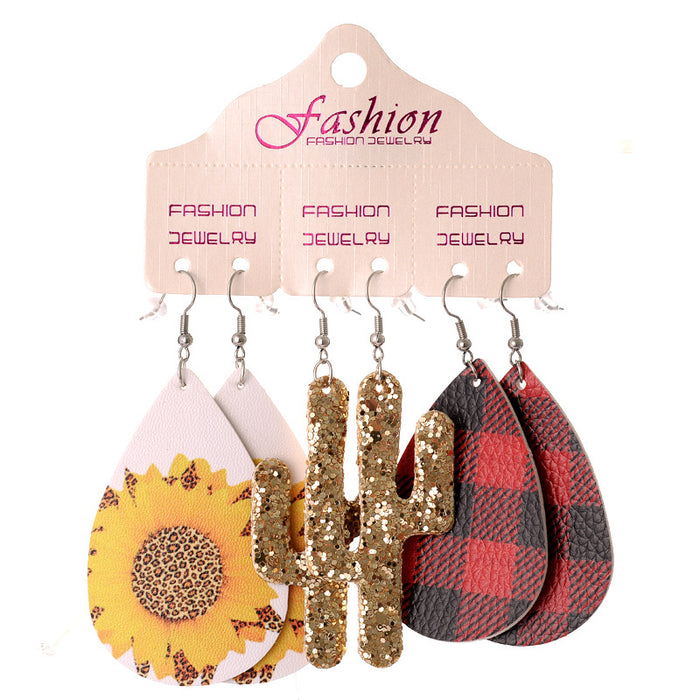 Wholesale Earring Leather Leopard Sunflower Print Set JDC-ES-HeYi081