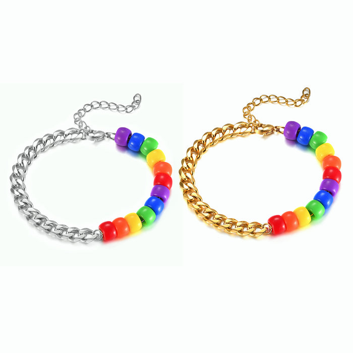 Wholesale LGBT Stainless Steel Acrylic Beaded Rainbow Stitching Personality Bracelet JDC-BT-QuanS006