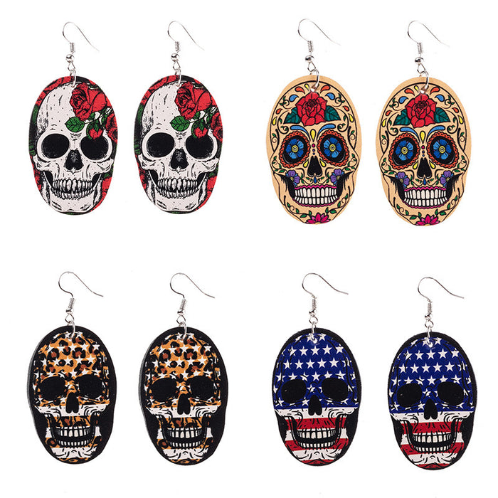 Wholesale rose leopard print star funny skull pu leather earrings JDC-ES-saip053