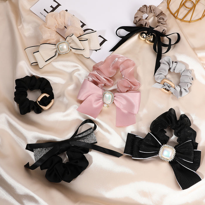 Wholesale Bow Pearl Rhinestone Cloth Hair Scrunchies MOQ≥2 JDC-HS-FengHan001