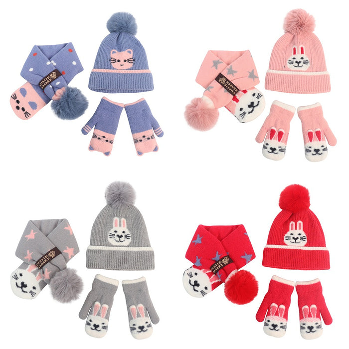 Wholesale Gloves Acrylic Kids Cartoon Plus Fleece Knit Hat Scarf 3 Piece Set MOQ≥2 JDC-GS-JunC002