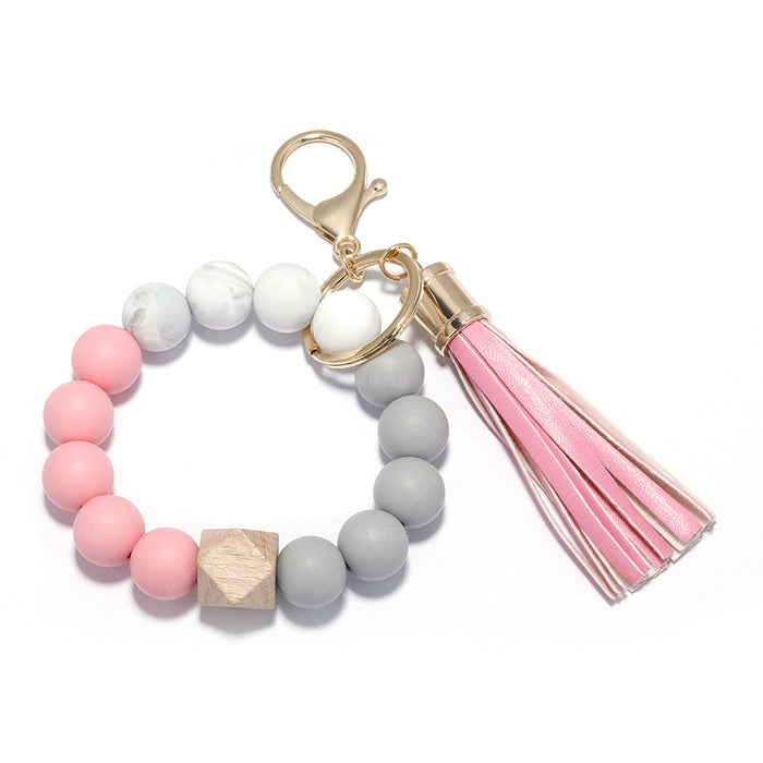 Wholesale Silicone Beaded PU Leather Tassel Wristlet Keychain JDC-KC-ZiGe001