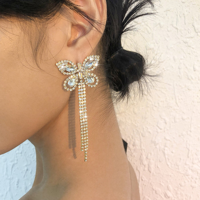 Wholesale full diamond butterfly tassel earrings JDC-ES-Qiandi005