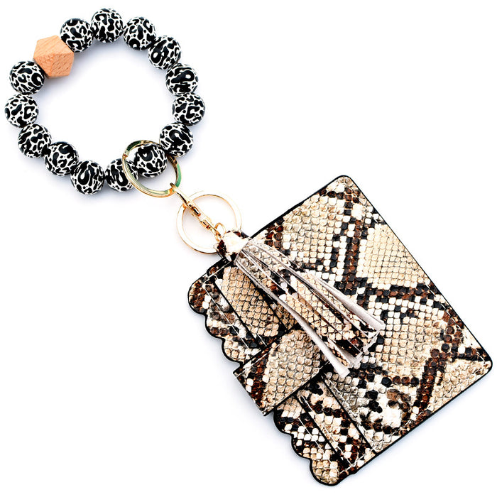 Wholesale Keychains Wooden Beads PU Leather Alloy Leopard Coin Purse Bag JDC-KC-MaoL002