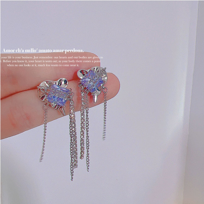 Wholesale Purple Square Zircon Crystal Chain Tassel Silver Needle Alloy Earrings JDC-ES-Qiant006