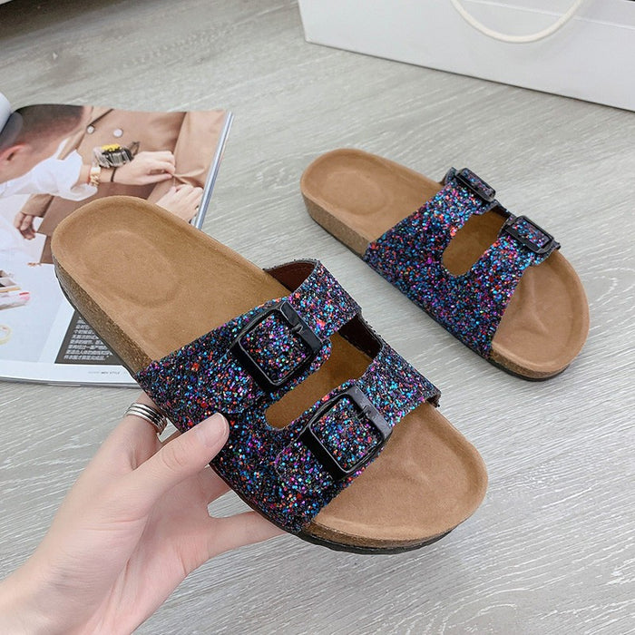 Wholesale Plus Size Cork Round Toe Trend Sequin Casual Flat Double Buckle Sandals JDC-SD-ChunC001