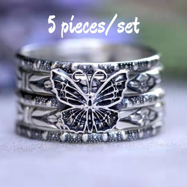 Wholesale Retro Stackable Butterfly Five Piece Pattern Ladies Rings MOQ≥2 JDC-RS-QianZ006