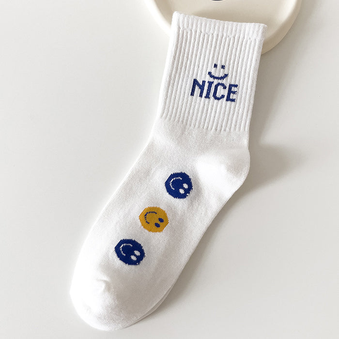 Wholesale Sock Cotton Sweat Absorbing Socks Blue and White Smiley MOQ≥2 JDC-SK-CYu019