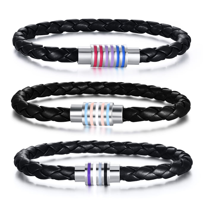 Wholesale Rainbow Braided Bracelet Bracelet Titanium Steel PU Leather Gay Jewelry JDC-BT-QuanS003