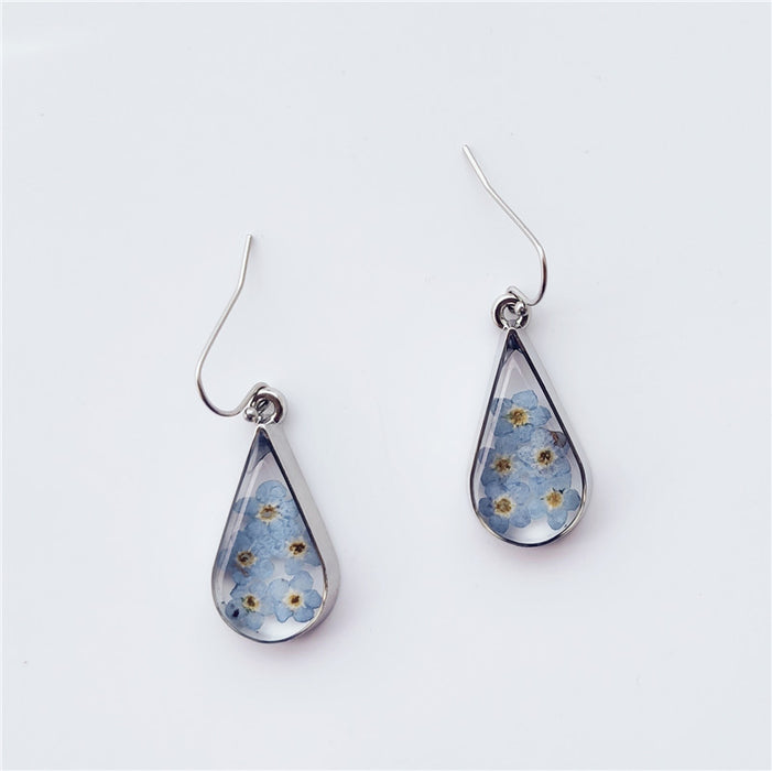 Wholesale teardrop shaped dried flower earrings blue forget me not JDC-ES-byi003