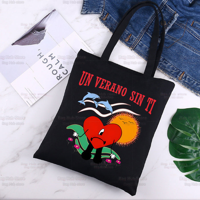 Wholesale Handbag Canvas Cute Cartoon Printing Black Shopping Bag (F) JDC-HB-Aike002