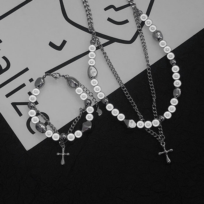 Wholesale Necklace Titanium Steel Reflective Pearl Cross Clavicle Chain Bracelet Jewelry Set JDC-NE-GM012