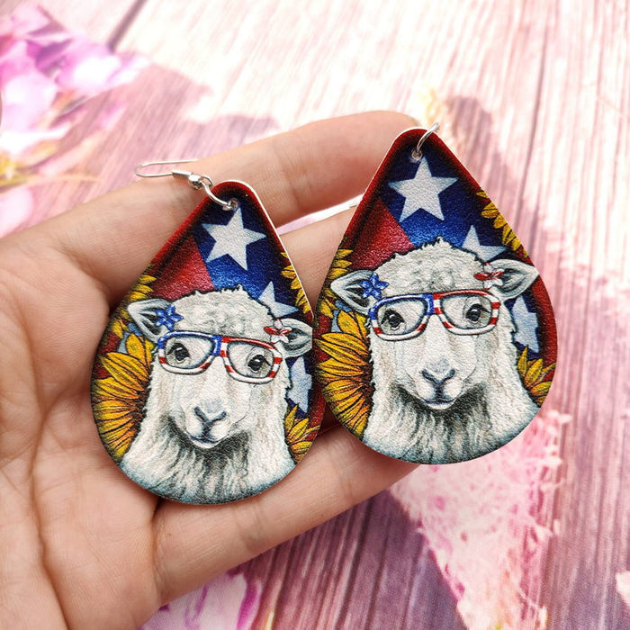 Wholesale US National Day Stars and Stripes Sunflower Eyes Animal Leather Earrings JDC-ES-KDL002