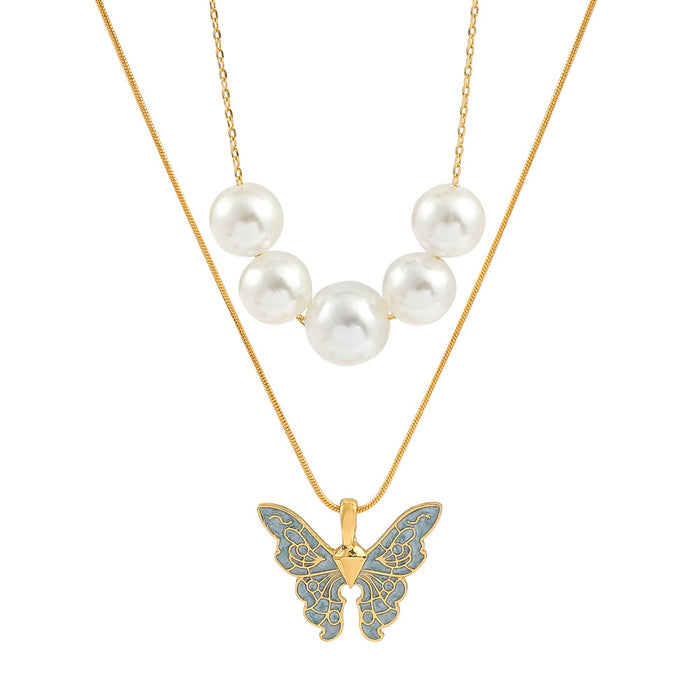 Wholesale Double Layer Butterfly Pearl Necklace Premium Enamel Pendant JDC-NE-kefeng002