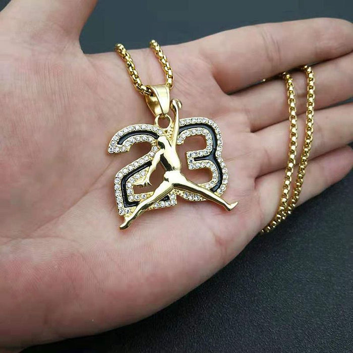 Wholesale Basketball Jewelry Stainless Steel Gold Plated Rhinestone Trapeze Dunk Necklace JDC-CS-HongXin002