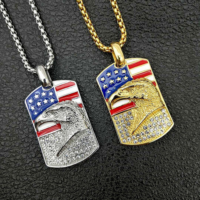 Wholesale 4th of July Alloy Independence Day Hip Hop Gold Plated Diamond Eagle Pendant Necklace JDC-NE-XunO039