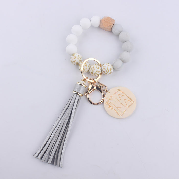Wholesale MAMA Leopard Print Silicone Beaded Wrist Keychain JDC-KC-GuangTian002