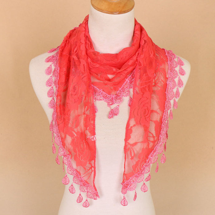 Wholesale Nylon Lace Triangular Scarf Rose Flower Tassel Triangle Scarf JDC-SF-WenJ002