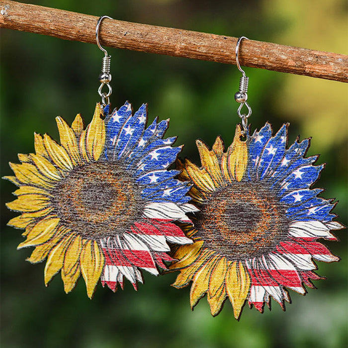 Wholesale 4th of July Independence Day Sunflower Water Drop Wooden Earrings JDC-ES-Saip051