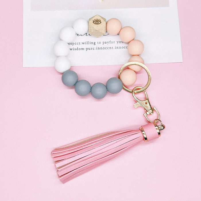 Wholesale Silicone Beaded Leather Tassel Wrist Keychain JDC-KC-WuoD020